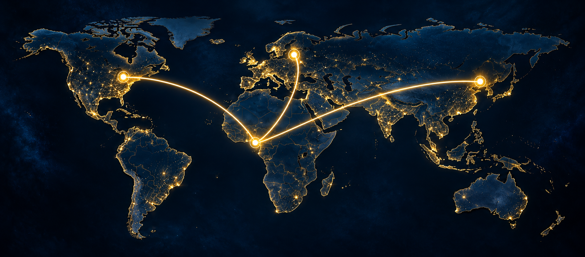 Gold illuminated world map with routes from North America, Europe and Asia converging on Ghana in West Africa